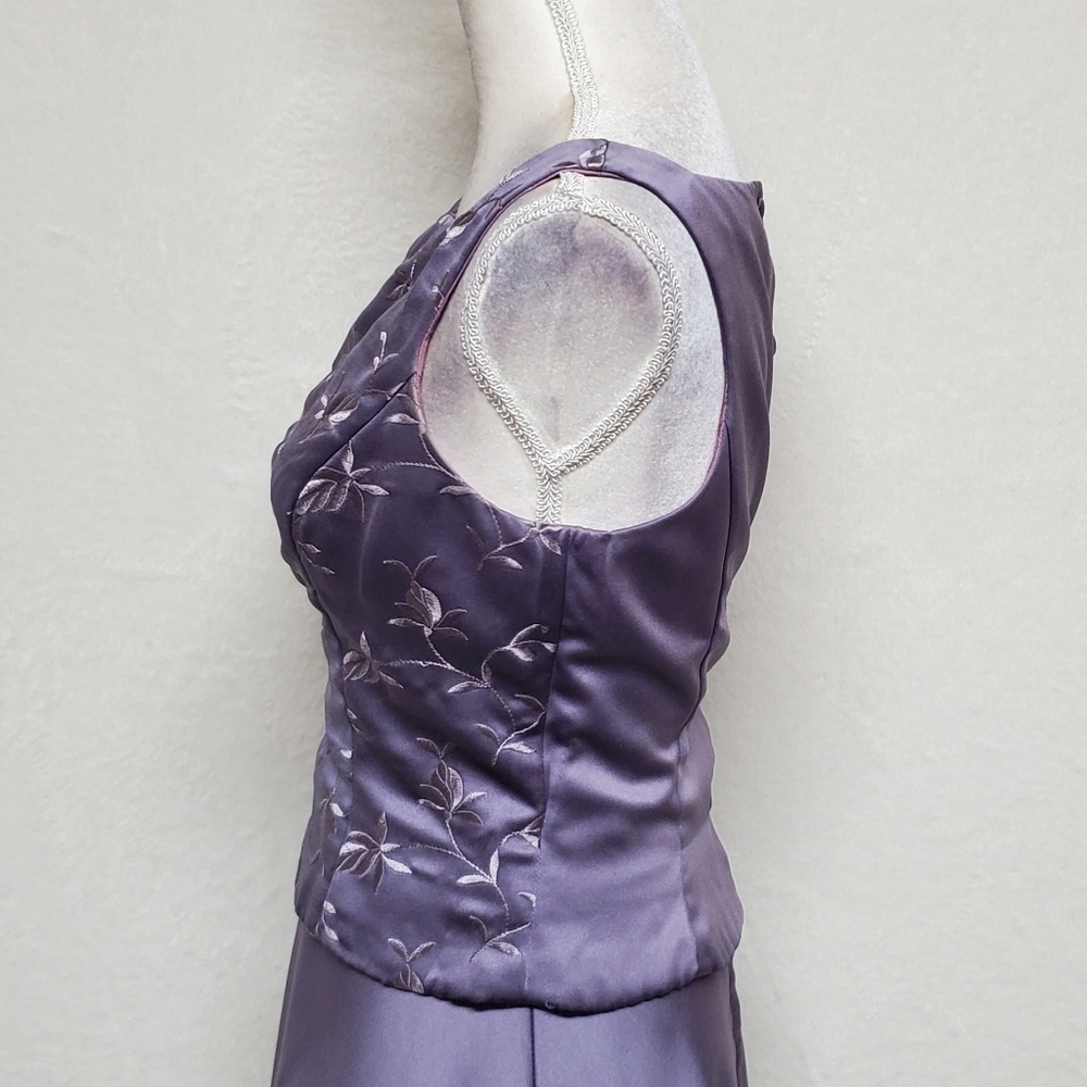 80s Vintage Royal Purple Floral Embroidered Boatneck A-line Two-Piece Maxi Dress - Picture 9 of 14